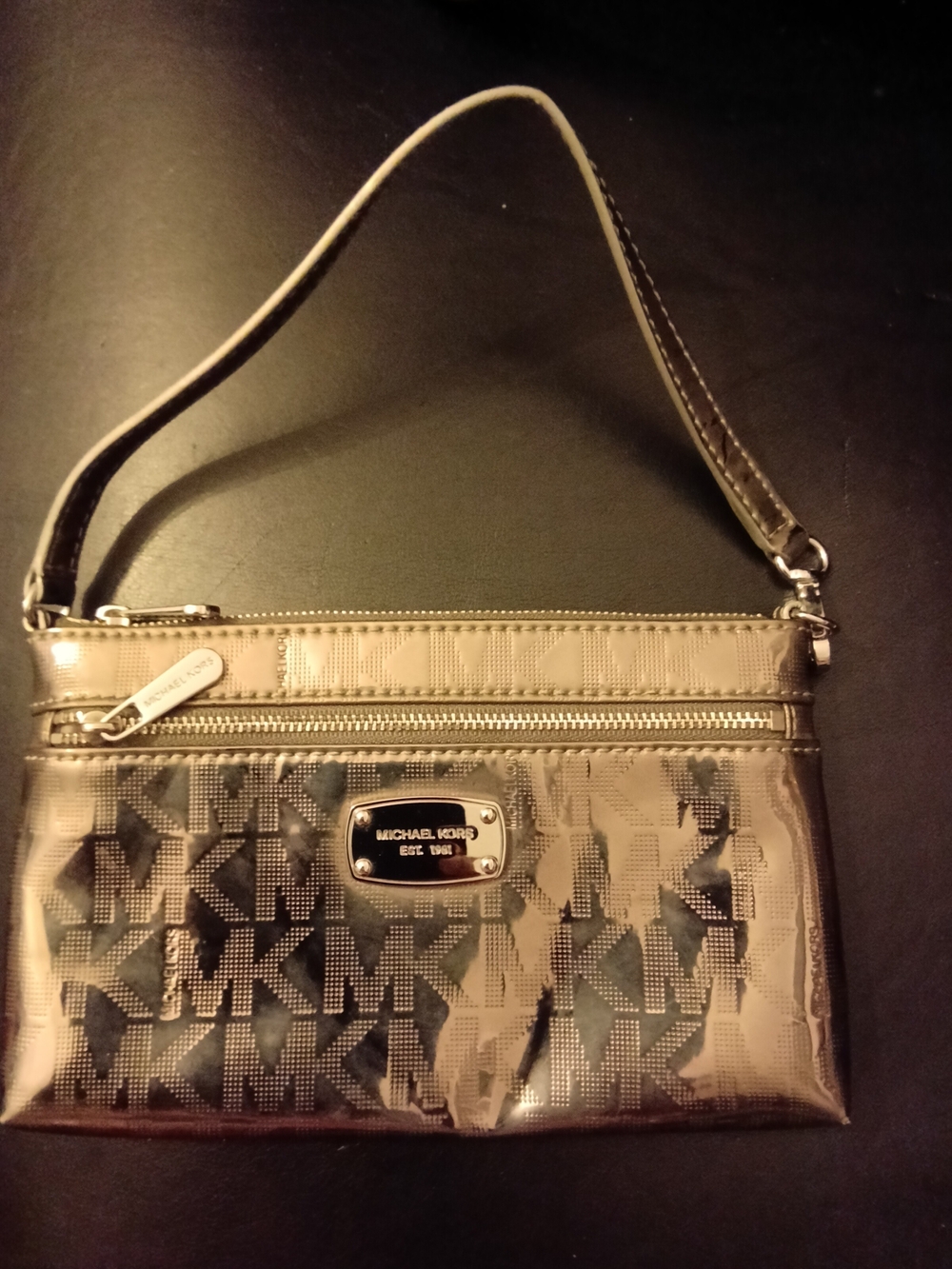 Michael Kors Metallic Bronze Logo Wristlet Baguette Bag